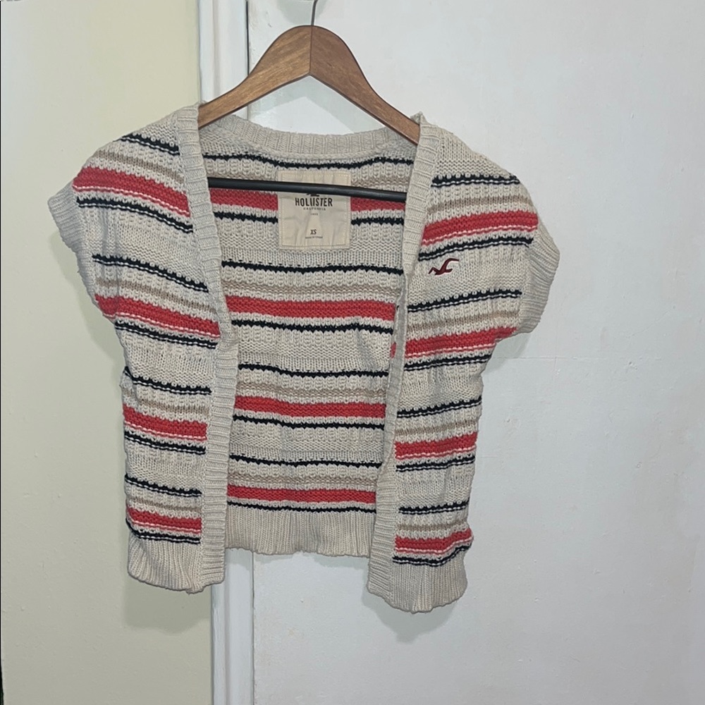 Hollister Women's Striped Crochet Knit Short Sweater - Cream, Coral, and Navy